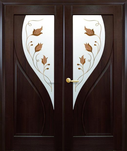 Двери двустворчатые Прима каштан делюкс со стеклом Р1, ПВХ DeLuxe Каштан