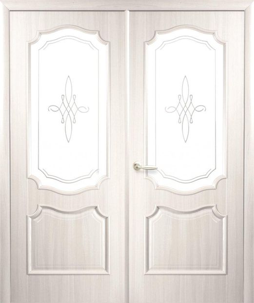 Двери двустворчатые Рока ясень делюкс со стеклом Р1, ПВХ DeLuxe Ясень